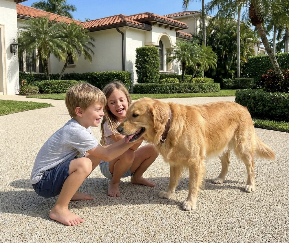 Kids playing with a golden retriever on a decorative concrete driveway